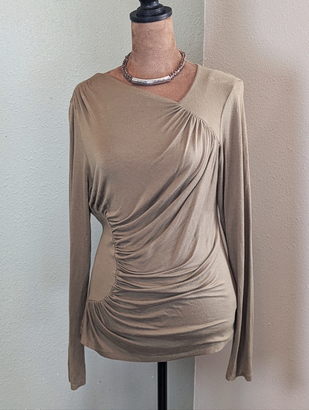 Fever Olive Taupe Ruched Long-Sleeve Asymmetric Top